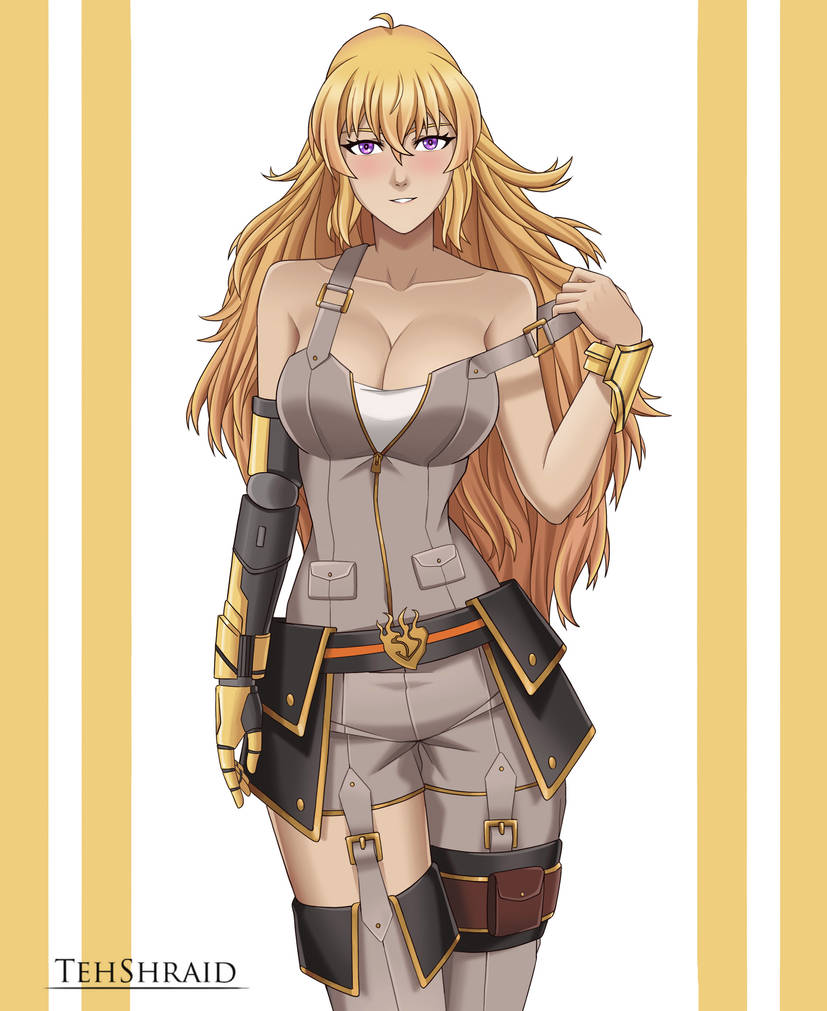 1girls blonde_female blonde_hair blush long_hair long_hair_female purple_eyes removing_clothing robotic_arm rwby showing_cleavage tehshraid yang_xiao_long