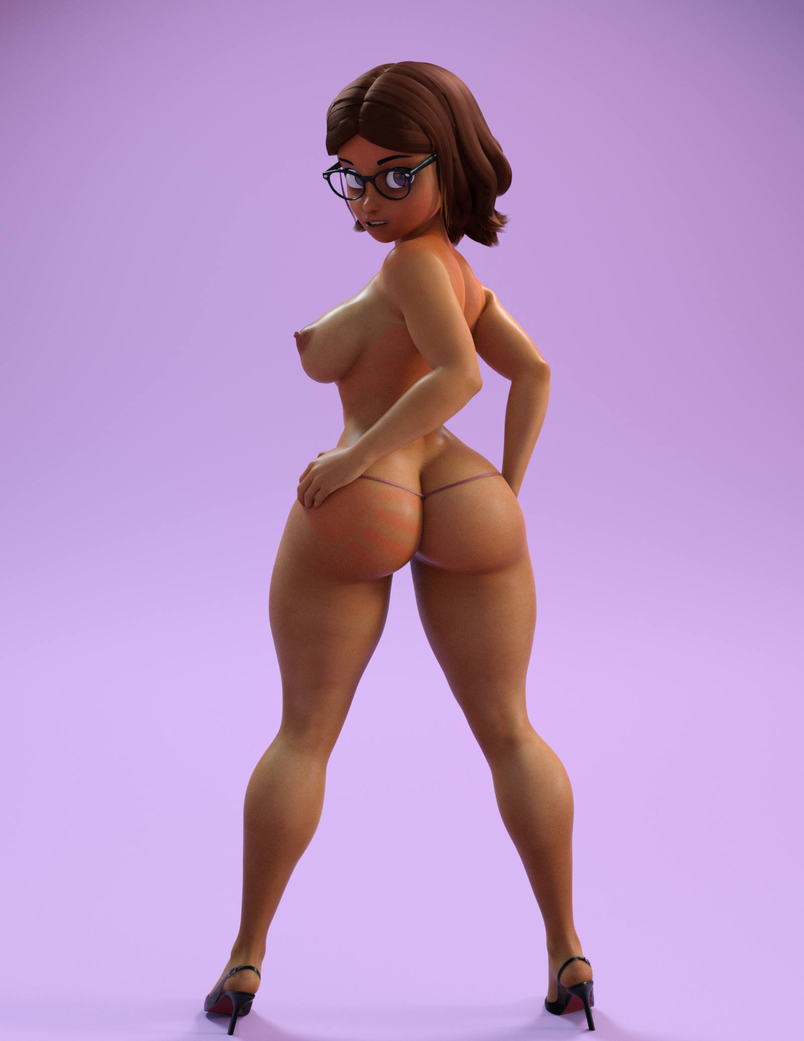 1girls, 3d, 3d (artwork), alya cesaire, ass, big ass, big breasts, breasts, brown eyes, brown hair, curvaceous, curvy, curvy female, curvy figure, dark skin, dark-skinned female, daz studio, dragolord19d, female, female only, g-string, glasses, high heels, legs, looking at viewer, looking back, looking over shoulder, miraculous ladybug, miraculous: tales of ladybug and cat noir, nipples, posing, rear view, self upload, simple background, solo, thick legs, thick thighs, thighs, topless, voluptuous, voluptuous female