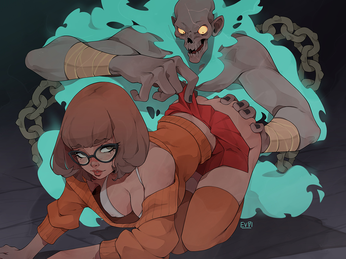 1girls, 1monster, 2023, all fours, ass, bra, brown hair, evviart, female, ghost, glasses, halloween, hand on ass, looking at ass, looking back, male, medium hair, miniskirt, monster, orange thighhighs, scooby-doo, skirt lift, sweater, thighhighs, velma dinkley