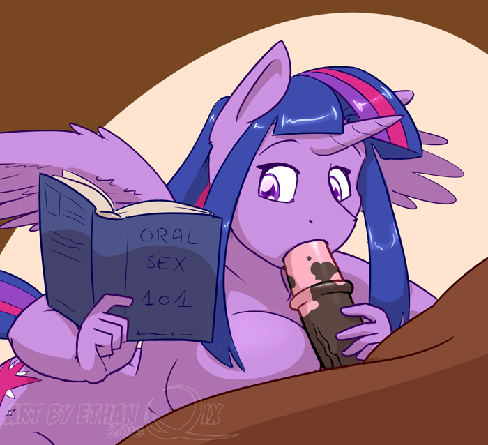 2016 alicorn animal_genitalia animal_penis blue_book book color duo english_text equine equine_penis ethanqix female friendship_is_magic hair holding_book holding_object horn horsecock long_hair male mammal my_little_pony nude oral penis solo_focus straight text twilight_sparkle_(mlp) vein wings