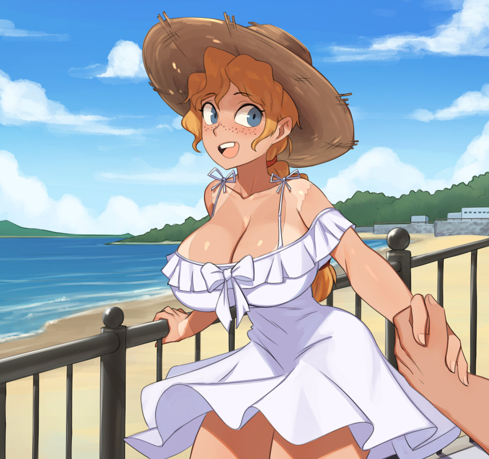 1boy 1girls barleyshake beach big_breasts blonde_hair blue_eyes breasts dress freckles hand_holding holding_hands male_pov ocean original original_character sand solo_focus straw_hat tanline thin_waist unknown_character water white_dress