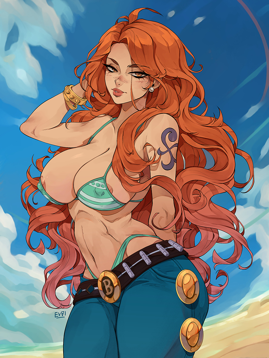 1girls, 2023, areola slip, arm behind back, arm tattoo, bikini, bikini top, blue tattoo, evviart, female, female only, hand behind head, jeans, long hair, looking at viewer, nami (one piece), narrowed eyes, nipple bulge, one piece, orange eyes, orange hair, orange-haired female, post-timeskip, smile, smiling at viewer, solo, striped bikini, tattoo, tattoo on arm, thick thighs