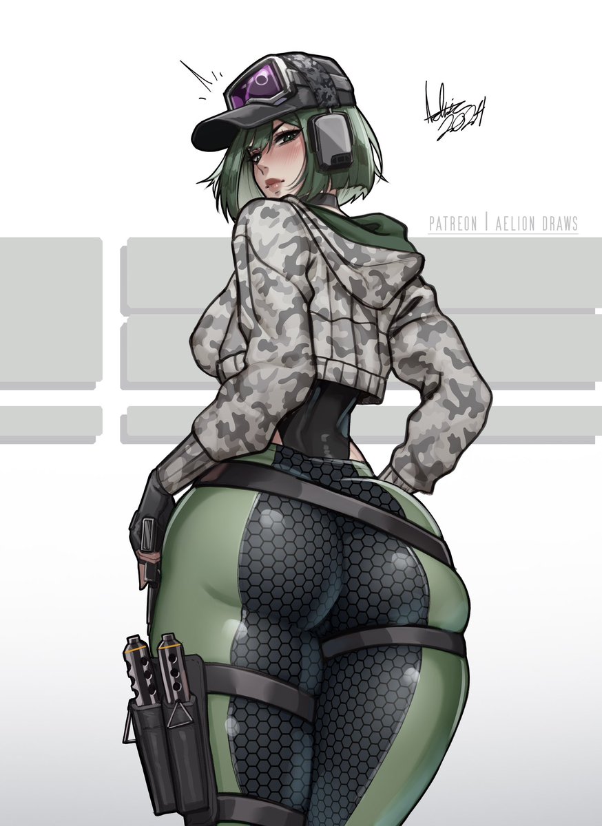 1girls, aelion draws, ass, ass focus, big ass, big breasts, blush, breasts, clothed, clothing, ela (rainbow six), female, female focus, female only, green eyes, green hair, grzmot mine, looking at viewer, looking back, military, military hat, military jacket, military uniform, rainbow six siege, short hair, solo, solo female, surprised, thick thighs, weapon