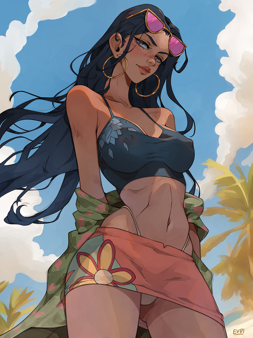 1girls, 2023, black hair, black-haired female, blue eyes, curvaceous, curvy, curvy body, curvy female, curvy figure, earrings, evviart, female, female only, hourglass figure, light skin, light-skinned female, long hair, looking at viewer, nico robin, nipple bulge, one piece, post-timeskip, skirt, solo, solo female, sunglasses, sunglasses on head, tank top, thong, voluptuous, voluptuous female