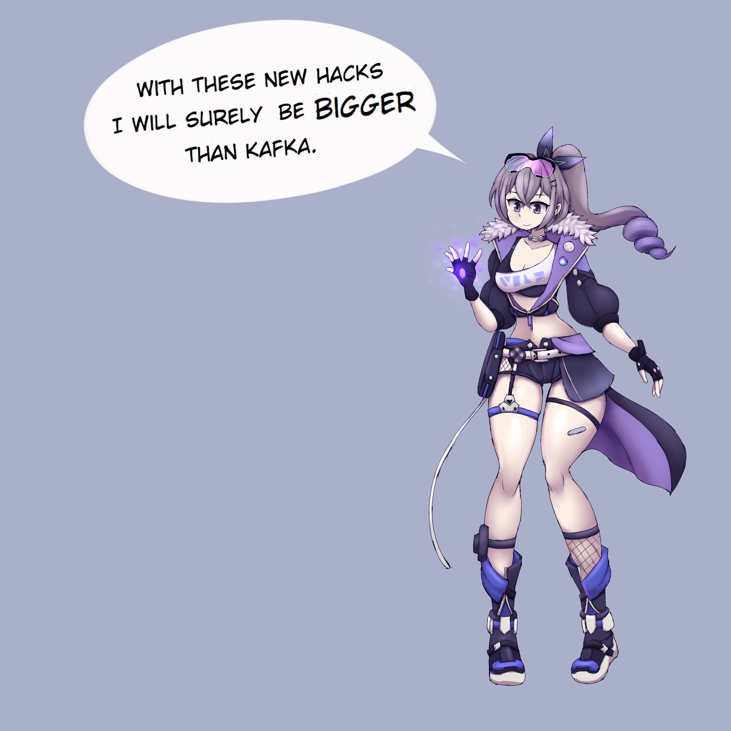 breast expansion, breast growth, breast growth (enlargement), breasts, english text, expansion, expansion sequence, eyewear on head, female, fully clothed, honkai: star rail, kafka (honkai: star rail), mentioned character, metachoke, sequence, silver wolf (honkai: star rail), speech bubble, text