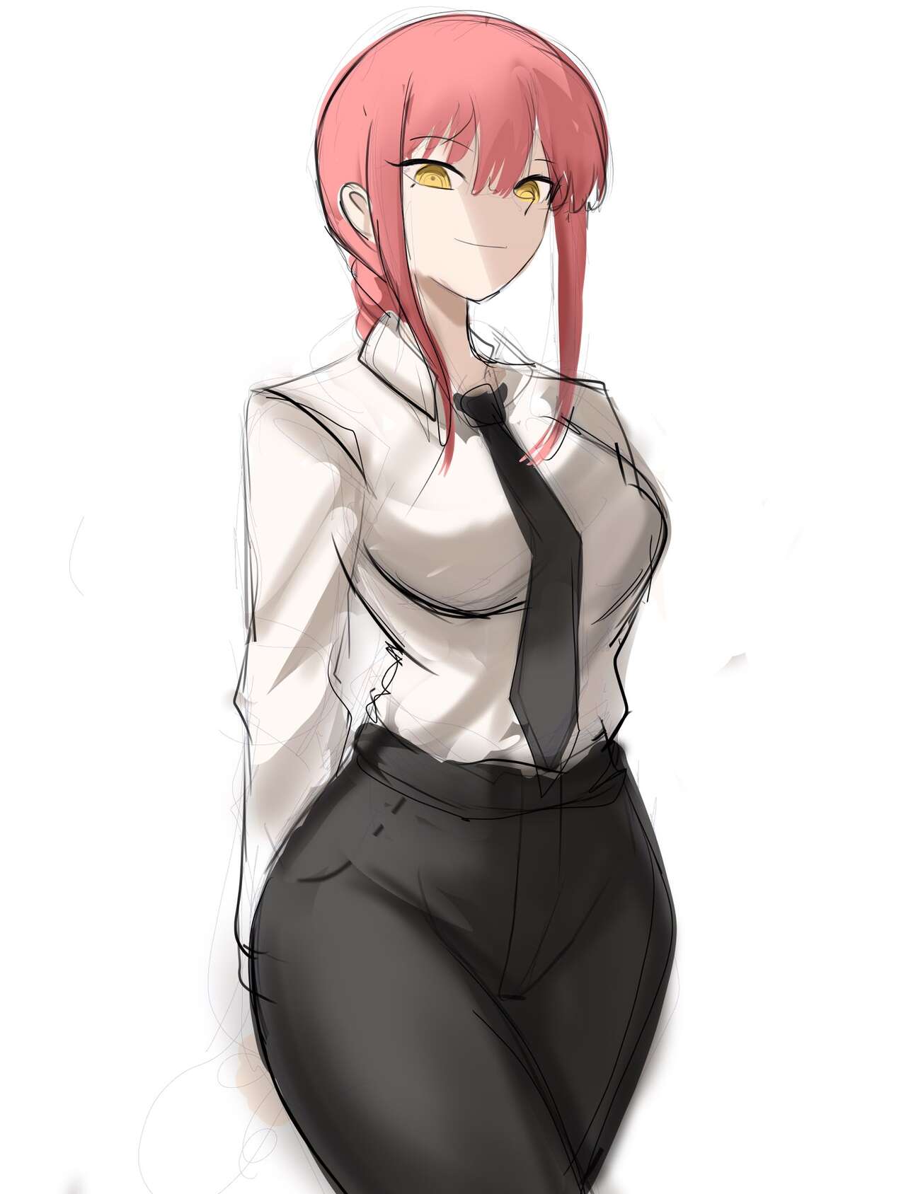 1girls, big breasts, breasts, chainsaw man, curvy, female, looking at viewer, looking down, makima (chainsaw man), rakeemspoon, red hair, red-haired female, solo, solo female, solo focus, yellow eyes