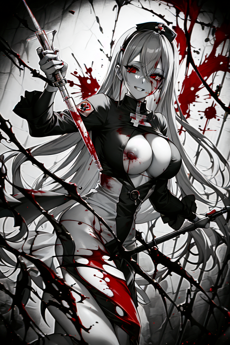 1girls ai_generated blood blood_splatter female female_focus female_only gothic greyscale horror hylian_r34 monochrome nurse one_breast_out original self_upload spot_color tagme unstable_diffusion yandere