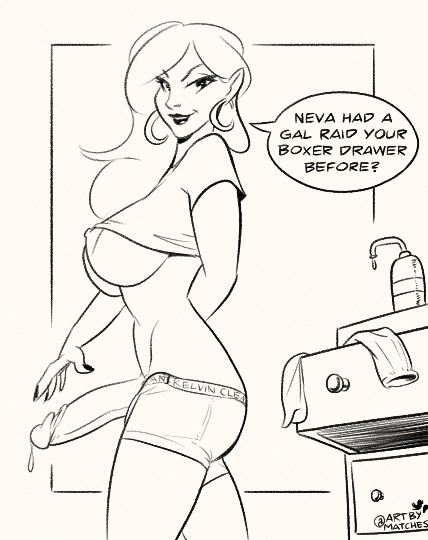 1futa, artbymatches, balls, big breasts, big penis, boxers, boxers (clothing), breasts, clothed, clothing, dialogue, earrings, elf, english text, erection, foreskin, fully retracted foreskin, futa only, futanari, huge cock, humanoid, humanoid penis, intersex, looking at viewer, mostly nude, original, original character, penis, pointy ears, retracted foreskin, shirt, sketch, smooth penis, solo, standing, talking to viewer, text, uncircumcised, uncut, underwear