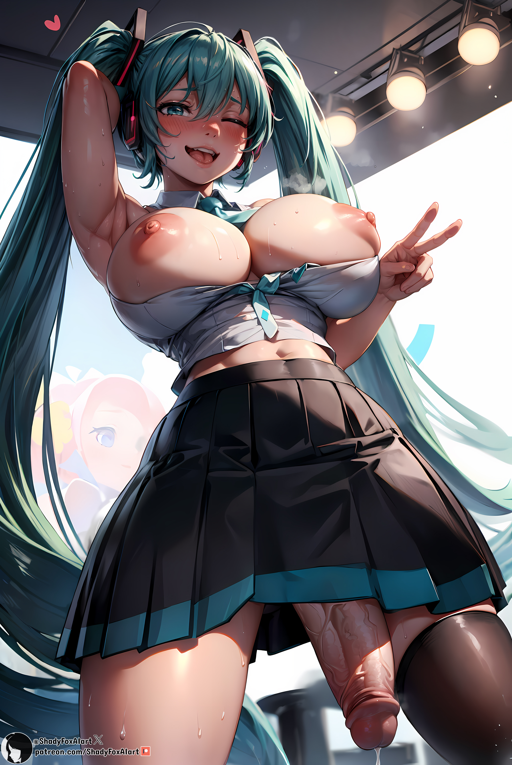 ;d, 1futa, 1girl, 2024, ai generated, alternate breast size, aqua eyes, aqua hair, areola, areolae, arm up, armpits, arms up, big breasts, big penis, black skirt, black thighhighs, blue eyes, blush, blushing at viewer, breasts, breasts out, erect penis, erection, flaccid, flaccid penis, floating heart, from below, front view, futa only, futa sans pussy, futanari, green hair, hair between eyes, happy, hatsune miku, headphones, heart, high resolution, highres, horny, huge cock, indoors, intersex, large breasts, legwear, lips, long hair, looking at viewer, navel, necktie, nipples, one eye closed, open mouth, peace sign, penis, penis peek, pleated skirt, self upload, shadyfox, skirt, smile, solo, solo focus, solo futa, stable diffusion, stage, stage lights, standing, steam, steaming body, steamy breath, sweat, sweatdrop, sweaty, teeth, thighhighs, thighs, tongue, twintails, uncensored, upper teeth, v, veins, veiny penis, very long hair, vocaloid