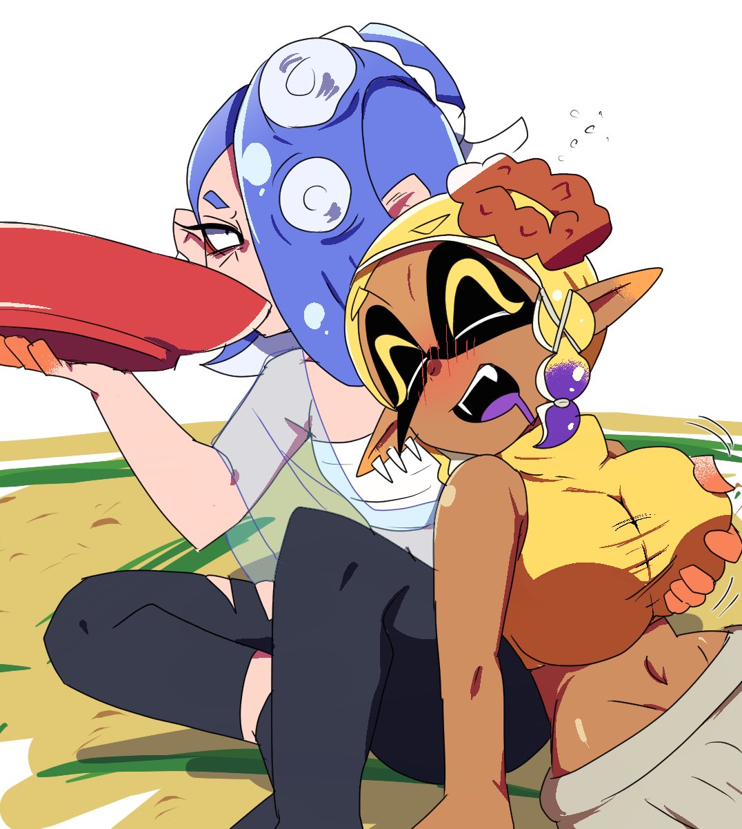 alcohol, breasts, chicken rib, clothed, dark skin, dark-skinned female, deep cut (splatoon), drooling, drunk, fangs, female, frye (splatoon), groping, groping breast, inkling girl, large breasts, nintendo, octoling girl, questionable consent, shiver (splatoon), sleeping, small breasts, splatoon, splatoon (series), splatoon 3, yuri