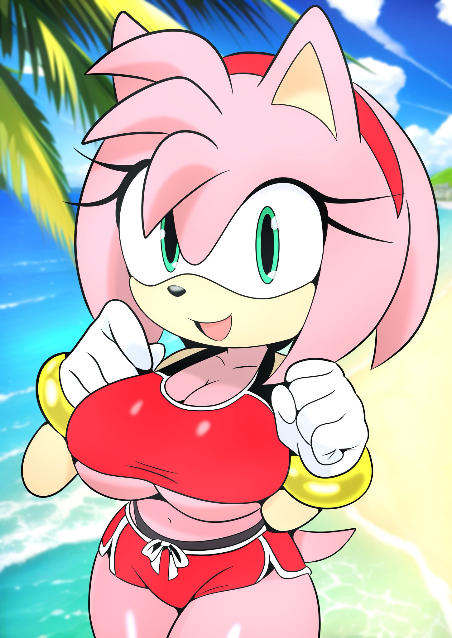 1girls, amy rose, beach, big breasts, breasts, crop top, female, furry funnychan, looking at viewer, ocean, outside, palm tree, sega, shorts, sonic (series), sonic the hedgehog (series), tagme, underboob