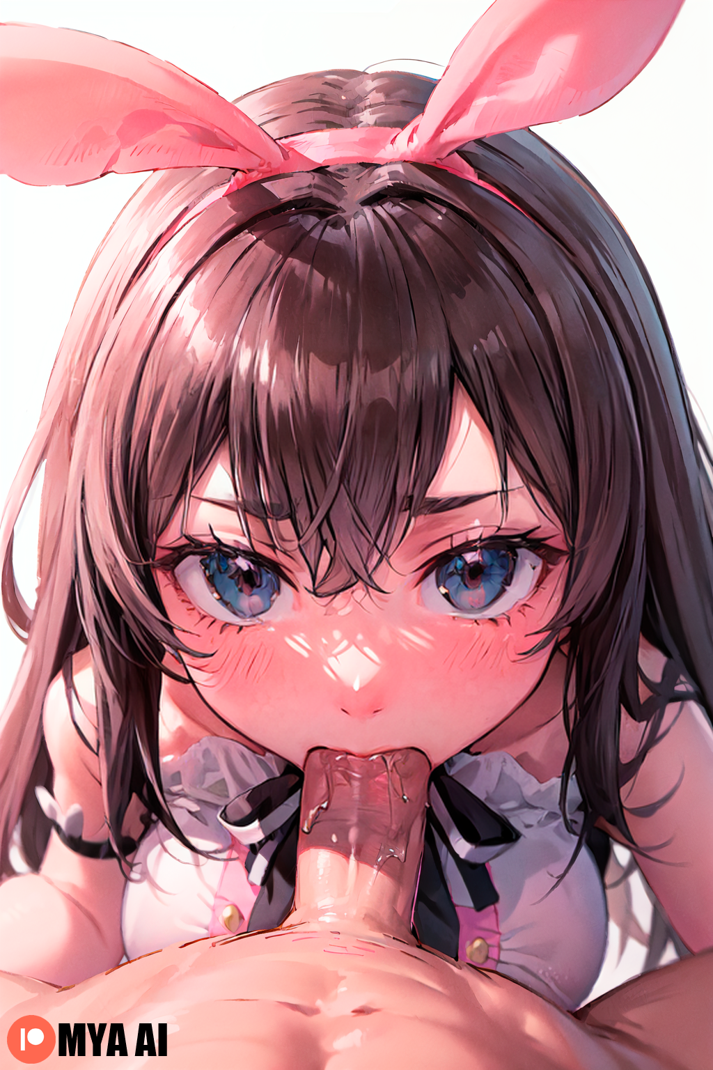 1boy :>= ai_generated blue_eyes brown_hair crossed_bangs cum cum_in_mouth cumdrip eyelashes fellatio female hair_between_eyes hair_intakes highres kizuna_ai kizuna_ai_inc. long_hair looking_at_viewer non-web_source oral patreon_logo penis pink_ribbon ribbon self-upload virtual_youtuber