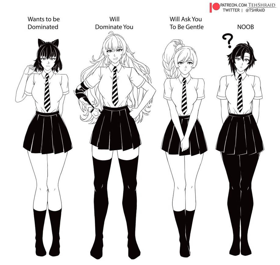 4girls black_and_white blake_belladonna clothed_female clothing dominated female human long_hair long_hair_female meme pale_skin robotic_arm ruby_rose rwby school_uniform skirt team_rwby tehshraid weiss_schnee yang_xiao_long