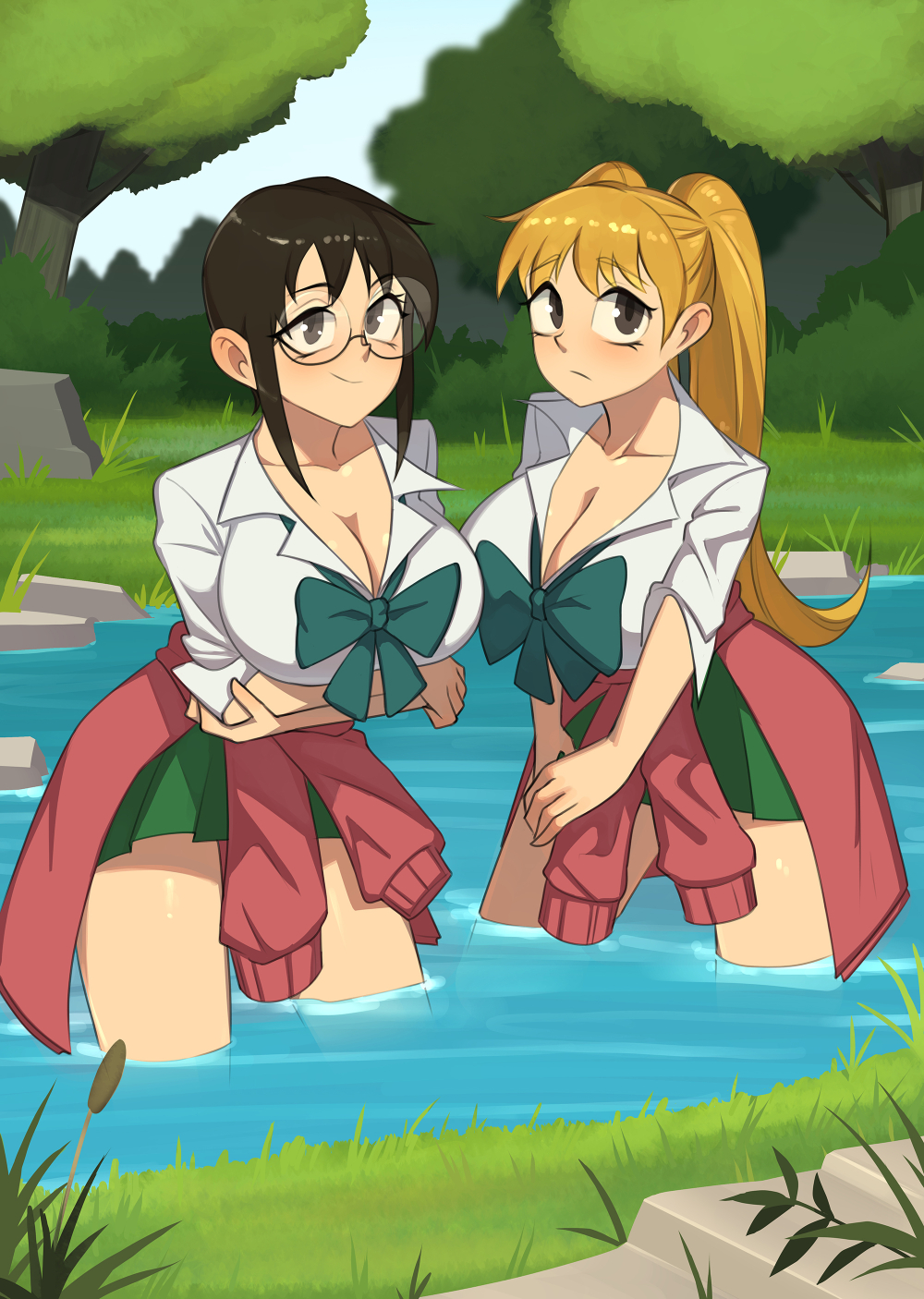 2girls barleyshake blonde_hair breasts character_request cleavage copyright_request glasses in_water large_breasts outdoors partially_submerged pond school_uniform short_hair skirt tree unknown_character water