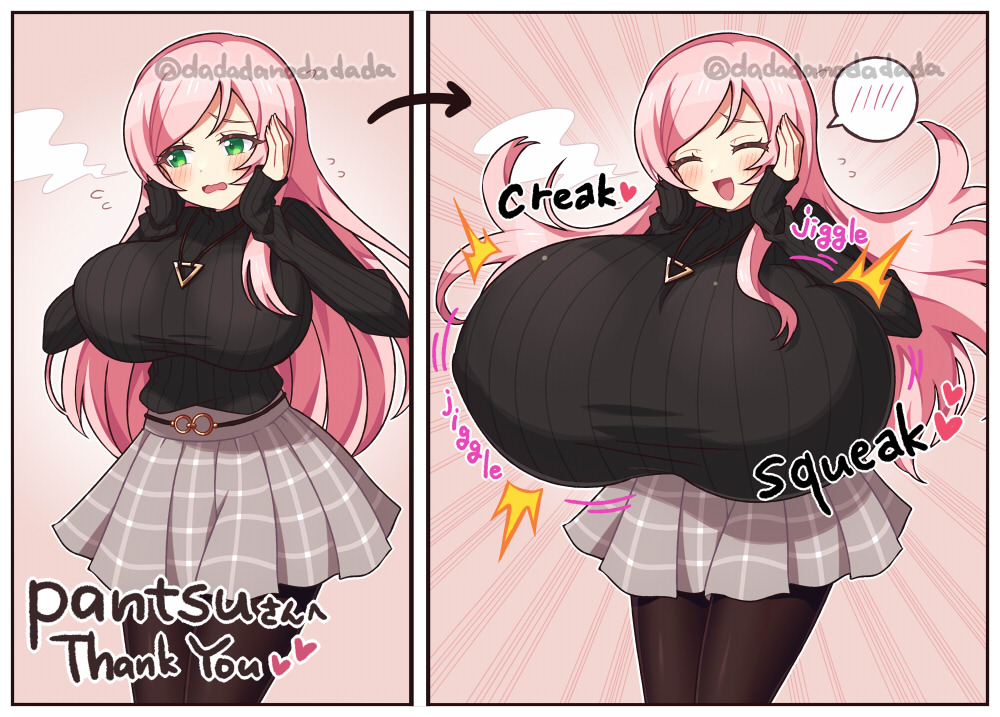 2023 blush breast_expansion dadadanoda green_eyes huge_breasts pink_hair saki_(pantsudesu) skirt sweater tagme