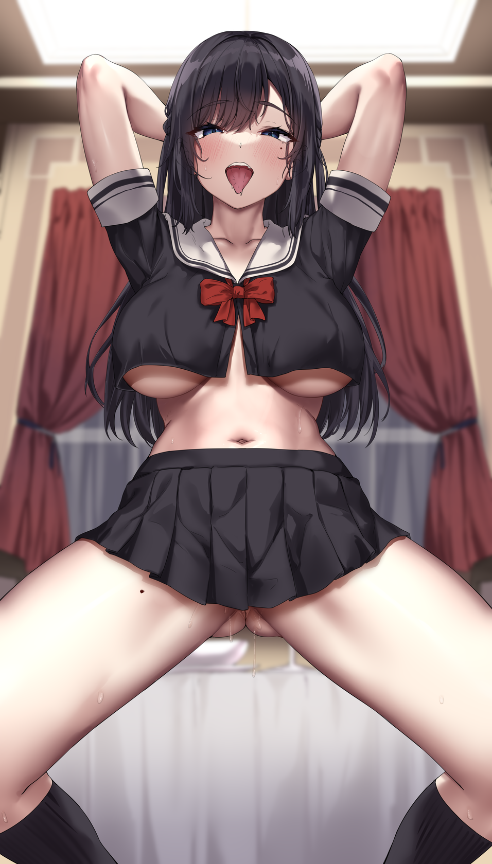 1girls arms_behind_head ass_visible_through_thighs black_eyes black_hair black_shirt black_skirt black_socks blurry blurry_background bowlegged_pose breasts ceiling_light commentary_request cropped_shirt curtains female highres indoors jack_dempa kneehighs large_breasts long_hair looking_at_viewer midriff miniskirt miyamae_shiho_(jack_dempa) mole mole_on_thigh mole_under_eye navel original pleated_skirt pussy_juice sailor_collar school_uniform shirt short_sleeves skirt socks solo spread_legs squatting standing sweat tongue tongue_out underboob white_sailor_collar