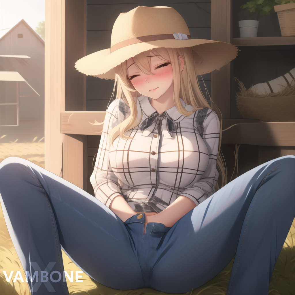 adorable ai_generated big_breasts blonde_hair blush cute farm farmer farmgirl hands_in_pants hat masturbation original original_character stable_diffusion vambonex