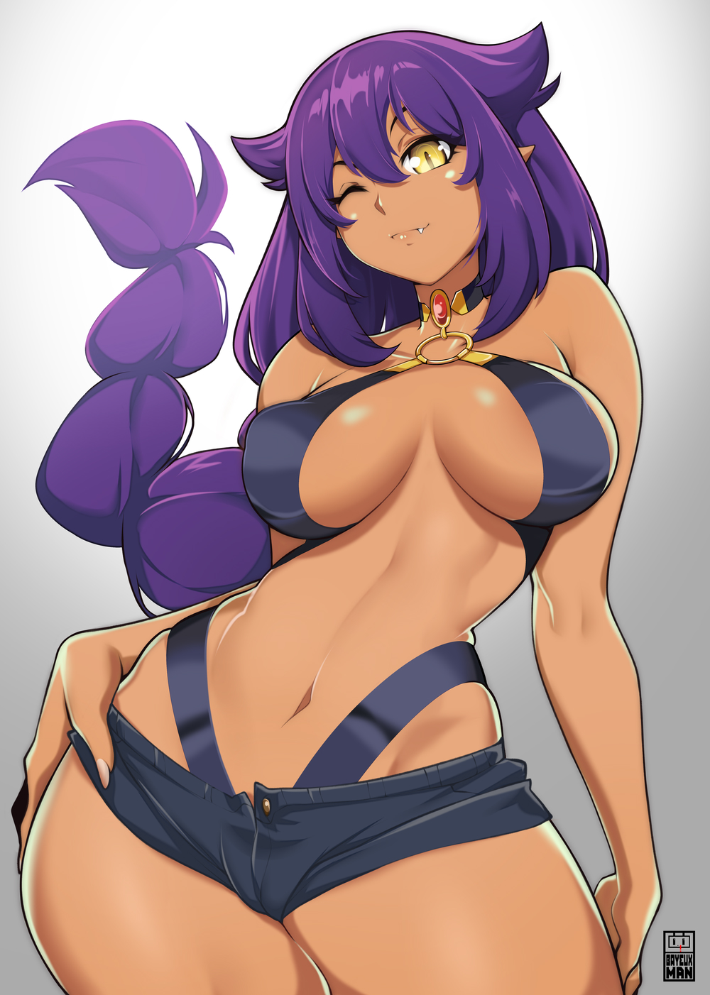 1girls bare_arms bare_legs bare_shoulders bare_thighs bayeuxman big_breasts clothed clothing color dark-skinned_female dark_skin elf_ears eye_closed female female_focus female_only hi_res jahy jahy_sama_wa_kujikenai! large_breasts long_hair looking_at_viewer purple_hair smile solo solo_female tagme teeth thick_thighs yellow_eyes