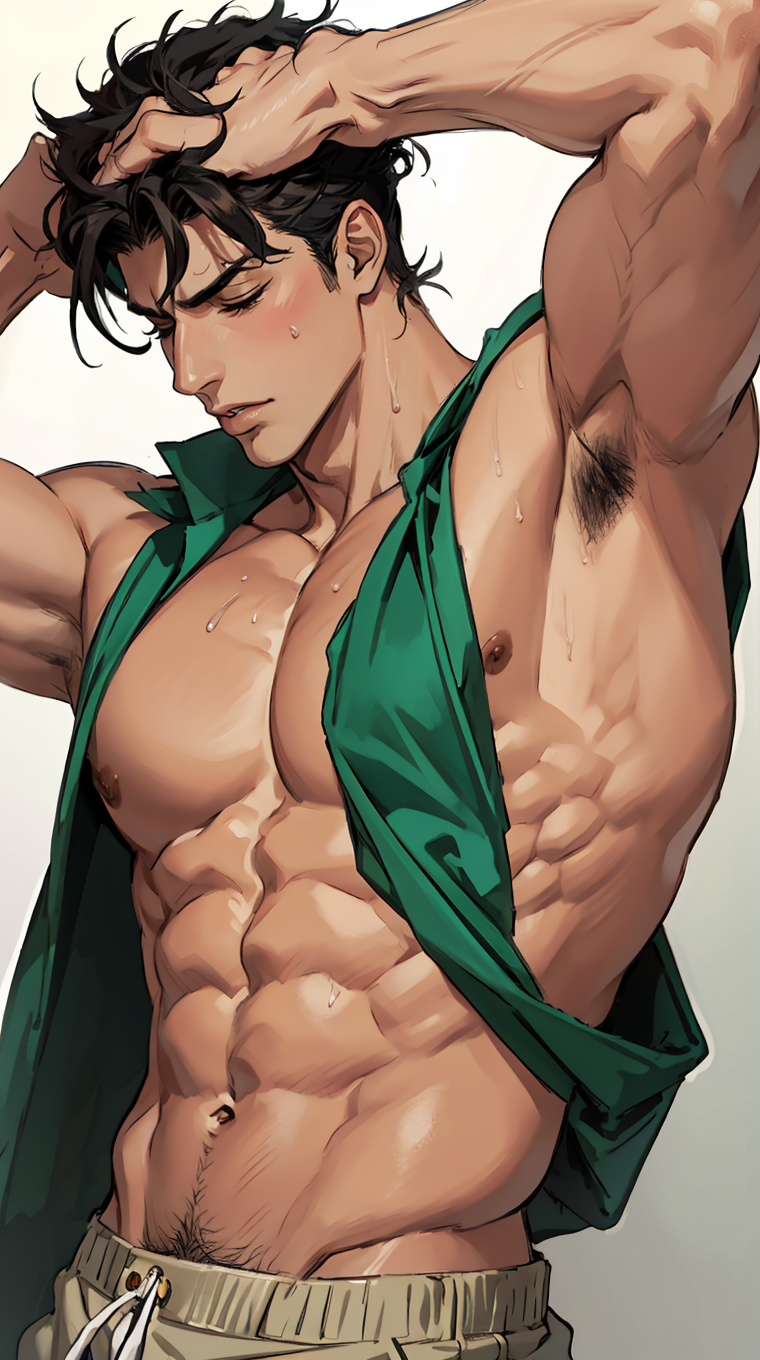 1boy ai_generated armpit_fetish armpit_hair black_hair hands_on_head jojo's_bizarre_adventure jotaro_kujo male male_only muscular_male pectorals penis pubic_hair shirtless_(male) shirtless_male solo stardust_crusaders sweat sweating sweaty_male