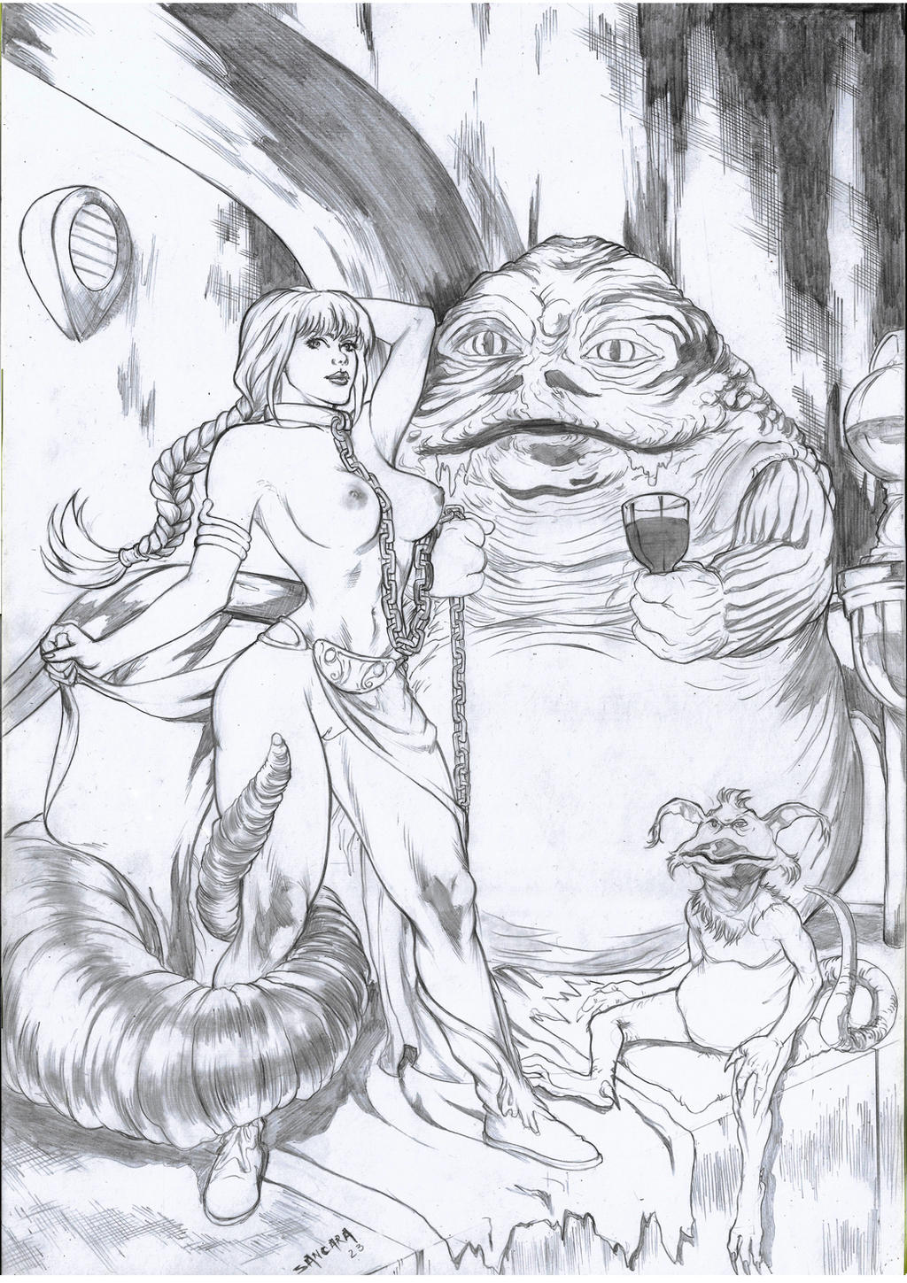 1girls belly_dancer black_and_white braided_hair crossover femsub harem_girl harem_outfit hutt jabba's_palace jabba_the_hutt large_breasts loincloth loincloth_aside long_hair perky_breasts pussy red_sonja red_sonja_(comics) salacious_crumb sancara shaved_pussy slave slave_collar slave_leia_(cosplay) slave_outfit slavegirl star_wars submissive_female topless