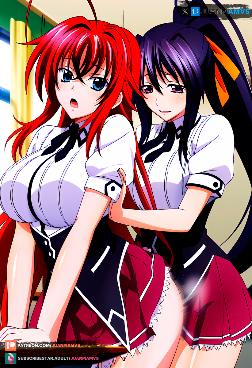 2girls ai_generated akeno_himejima ass_press big_breasts blue_eyes blush curvy curvy_figure dark_purple_hair grabbing grabbing_from_behind high_school_dxd juanpiamvs light_skinned_female long_hair open_mouth patreon patreon_username pink_eyes ponytail red_hair rias_gremory school_uniform schoolgirls subscribestar subscribestar_username watermark yuri