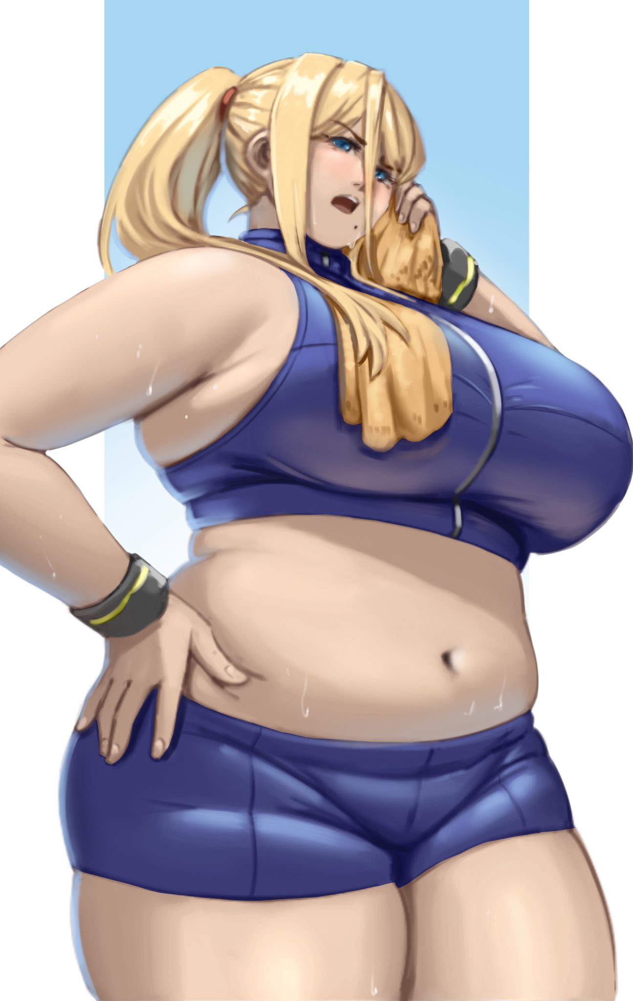 1girls alterxsu belly belly_button blonde_hair blue_eyes chubby clothed fat female huge_breasts looking_at_viewer looking_down metroid nintendo obese overweight samus_aran shorts sweat thick_thighs tight_clothing