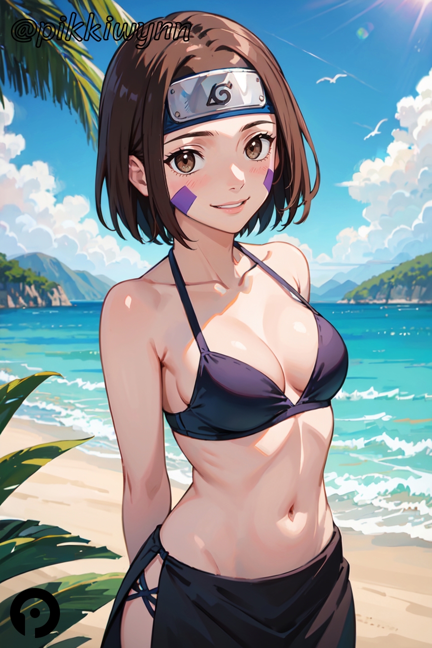 ai_generated arms_behind_back bare_shoulders beach bikini black_bikini blue_sky blush breasts brown_eyes brown_hair cleavage cloud collarbone day facial_mark female forehead_protector konohagakure_symbol looking_at_viewer medium_breasts naruto naruto_(series) navel nohara_rin ocean outdoors pikkiwynn sarong short_hair sky smile solo stomach swimsuit tree water