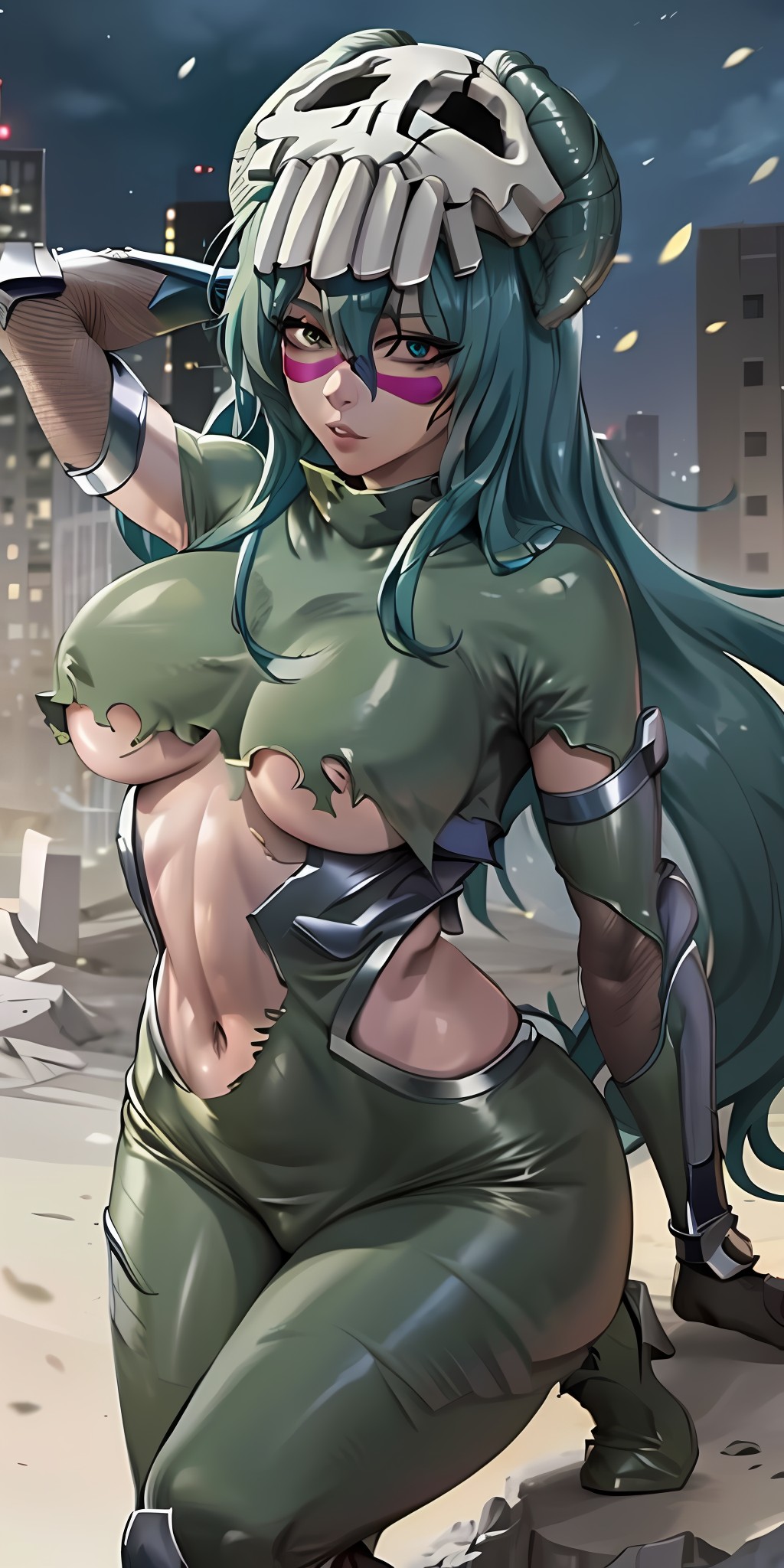 ai_generated bleach bleach:_the_thousand-year_blood_war breasts female_only fishnets gloves impossible_clothes impossible_leotard large_breasts latex latex_gloves latex_suit nelliel_tu_odelschwanck shiny_clothes taimanin_(series) taimanin_suit tight_clothes tight_clothing