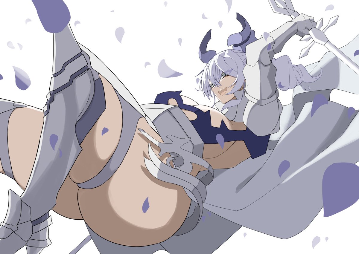 1girls armored_dress ass demon_girl duel_monster female horns huge_breasts labrynth_of_the_silver_castle lovely_labrynth_of_the_silver_castle mature_female mogu1000 pose silver_eyes smile solo thick_legs voluptuous white_hair yu-gi-oh!