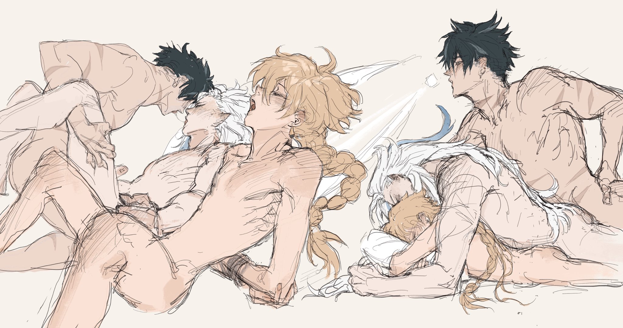 3boys, aether (genshin impact), anal, anal penetration, anal sex, blonde hair, blush, gay, gay sex, genshin impact, gripping thighs, legs up, male, male only, messy hair, moaning, naked, neuvillette (genshin impact), panting, penetration, penis, sandwiched, sex, size difference, sketch, sketch page, threesome, twink, wriothesley (genshin impact), yaoi