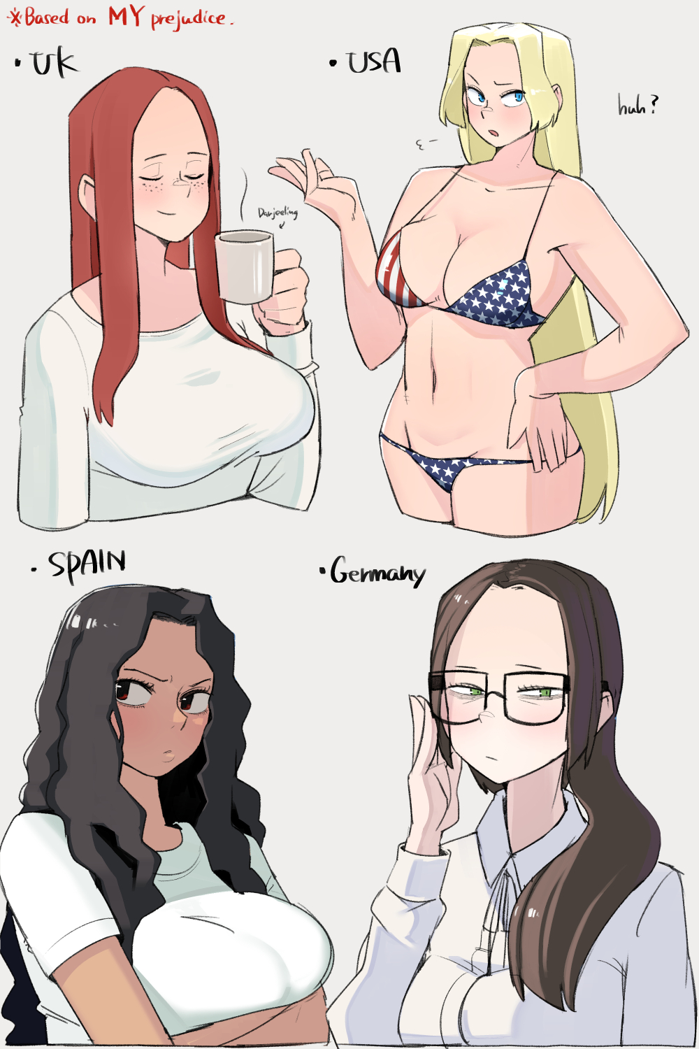 4girls america_(ohasi) american_flag_bikini bikini blonde_hair breasts brown_hair cleavage female female_only germany_(ohasi) glasses long_hair long_sleeves multiple_girls navel ohasi red_hair short_sleeves spain_(ohasi) tea united_kingdom_(ohasi) white_shirt