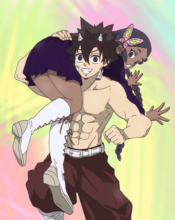 1boy 1girls artist_request bent_over black_hair brown_eyes brown_hair carrying carrying_over_shoulder carrying_partner carrying_person cosplay crossover crossover_cosplay dark-skinned_female demon_slayer female horns kamado_tanjirou_(cosplay) kimetsu_no_yaiba long_hair male muscular muscular_male ocoho ponytail purple_eyes radiant seth_(radiant) short_hair smiling tagme tsuyuri_kanao_(cosplay)