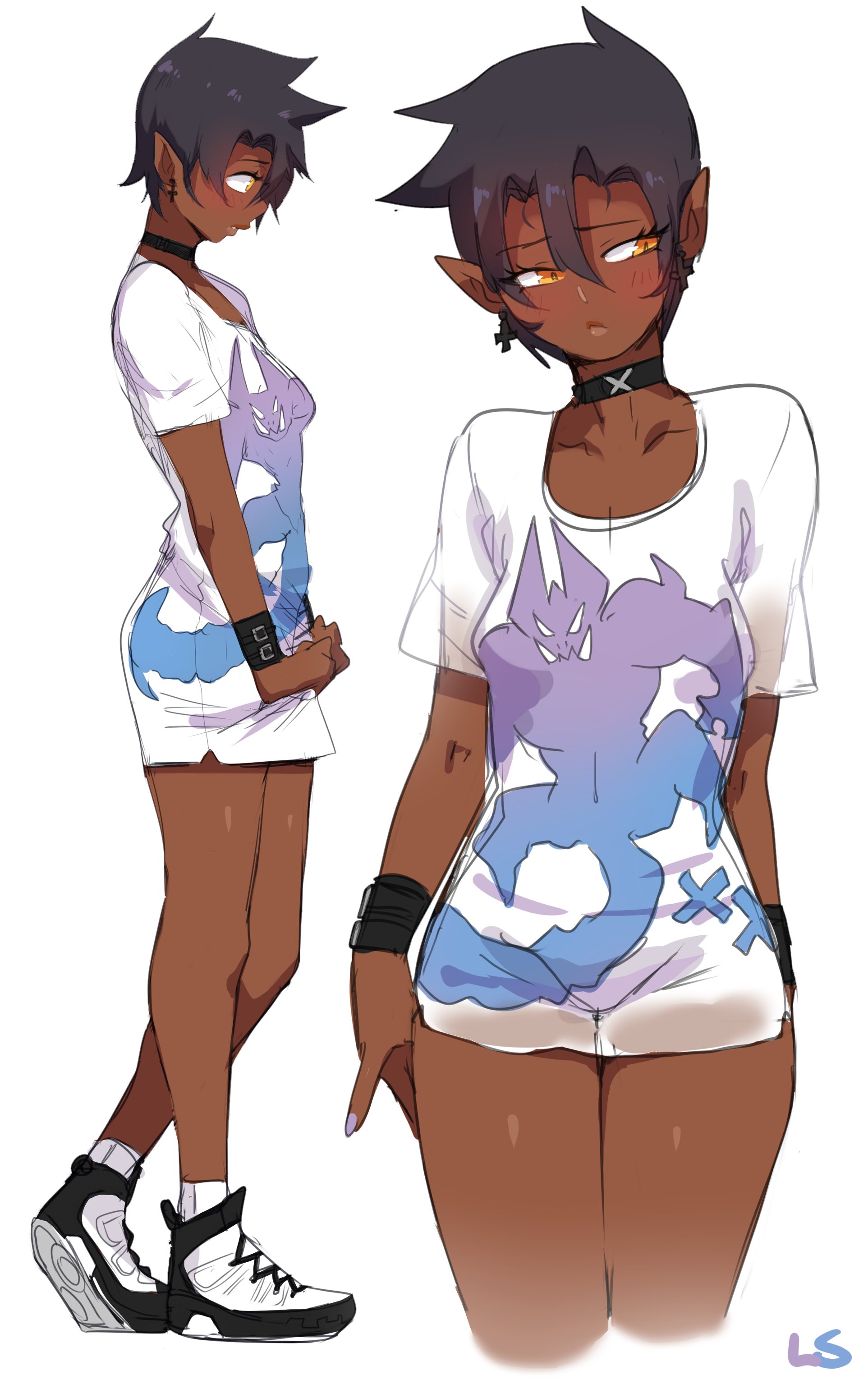1girls, black hair, blush, bracelet, choker, cute, dark skin, dark-skinned female, earrings, elf ears, embarrassed, female, flat chest, flat chested, leather bracelet, lightsource, original, original character, sfw, sfw shirt, shoes, short hair, sneakers, solo, tomboy, yellow eyes, yellow-eyed female, zaffre (lightsource)
