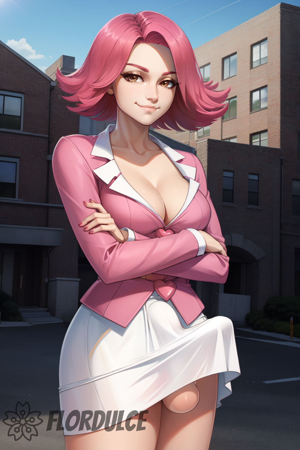 ace_attorney ai_generated april_may arms_crossed balls brown_eyes building bulge bulge_through_clothing cleavage covered_penis erect_penis erection erection_under_clothes erection_under_skirt flordulce futa_only futanari gyakuten_saiban jacket outdoors penis_bulge pink_hair pink_jacket skirt smile solo_futa standing testicles white_skirt