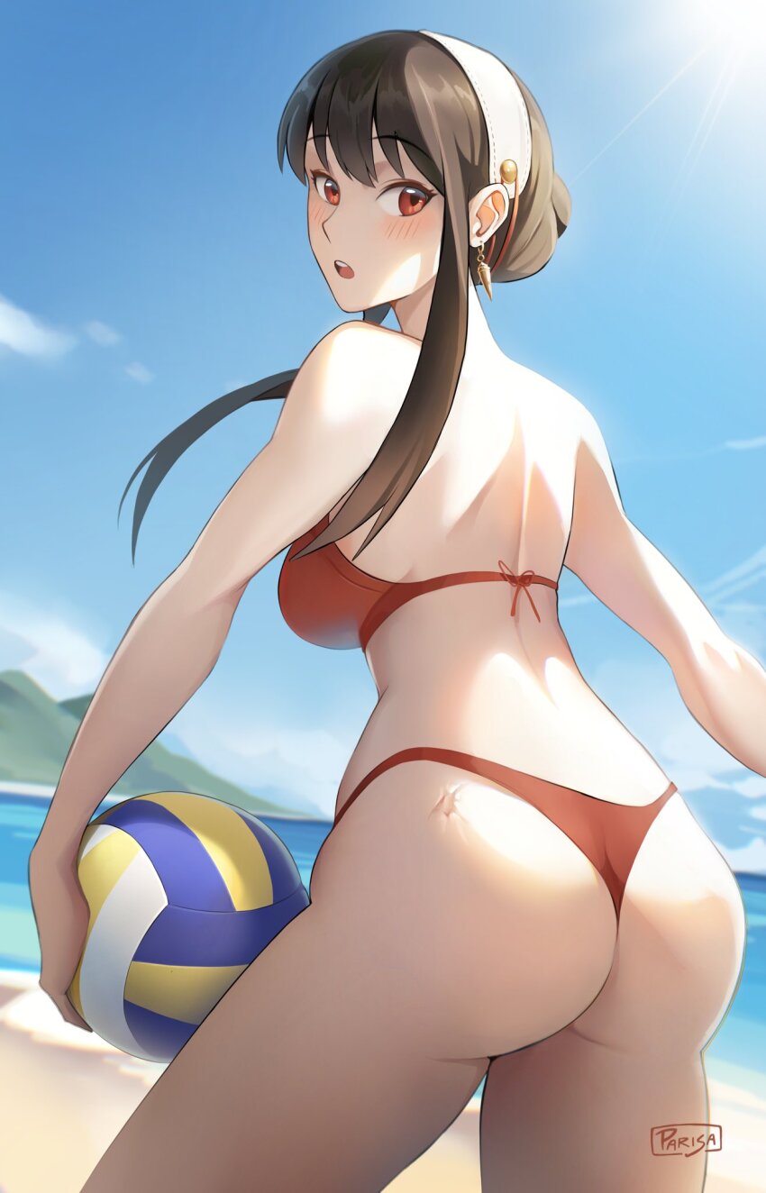 artist_name ass back ball bare_shoulders beach bikini black_hair blue_sky blush breasts cloud commentary commission day earrings english_commentary fat_ass female hairband highres holding holding_ball jewelry large_breasts long_hair looking_at_viewer looking_back mountain ocean open_mouth outdoors parisa_reaz red_bikini red_eyes scar scar_on_ass sky solo spy_x_family standing swimsuit volleyball yor_briar