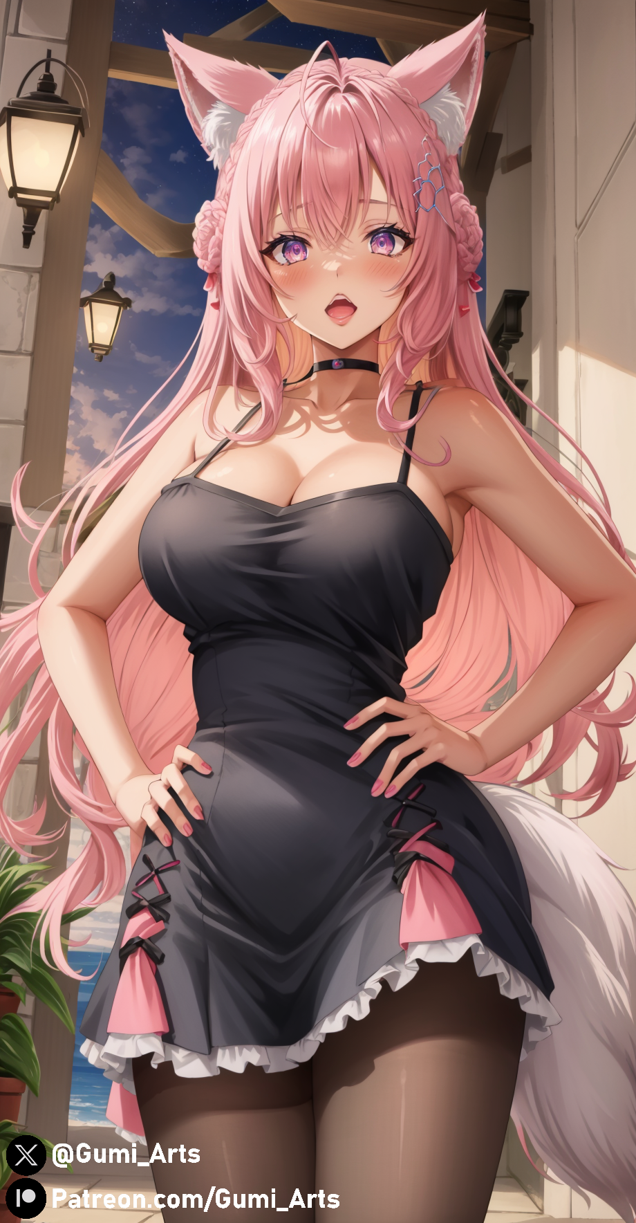 1girls ai_generated blush choker cleavage coyote_ears coyote_girl coyote_tail dress fluffy_ears gumi_arts hakui_koyori hand_on_hip hololive hololive_japan holox kemonomimi kitsunemimi large_breasts long_hair nail_polish nekomimi open_mouth pantyhose pink_hair pink_nails pov purple_eyes stable_diffusion virtual_youtuber