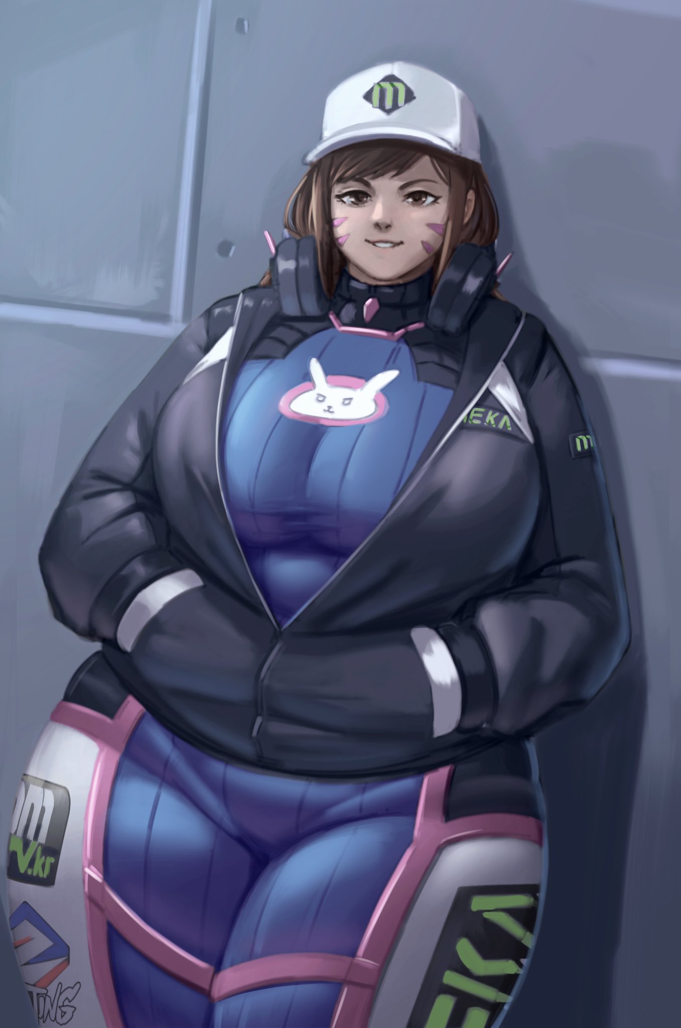 1girls alterxsu blizzard_entertainment bodysuit brown_eyes brown_hair chubby clothed d.va fat female hat obese overwatch overwatch_2 overweight skin_tight tight_clothing