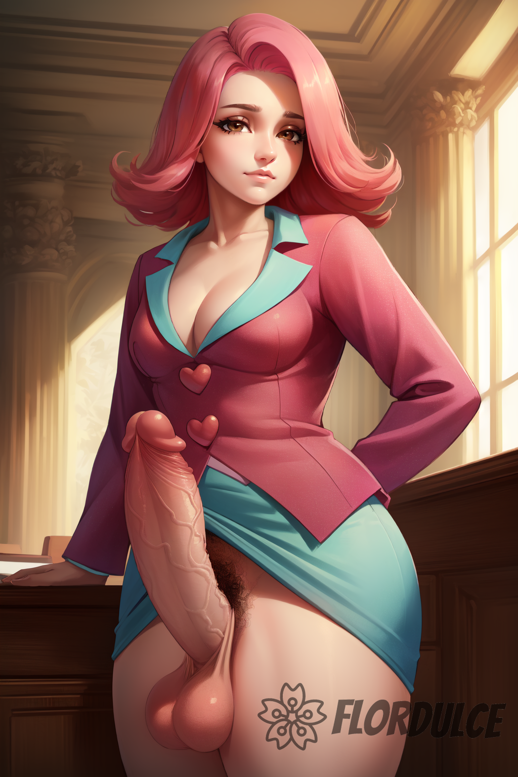 ace_attorney ai_generated april_may balls brown_eyes cleavage erect_penis erection flordulce futa_only futanari gyakuten_saiban indoors jacket penis pink_hair pink_jacket pubic_hair skirt solo_futa standing testicles white_skirt