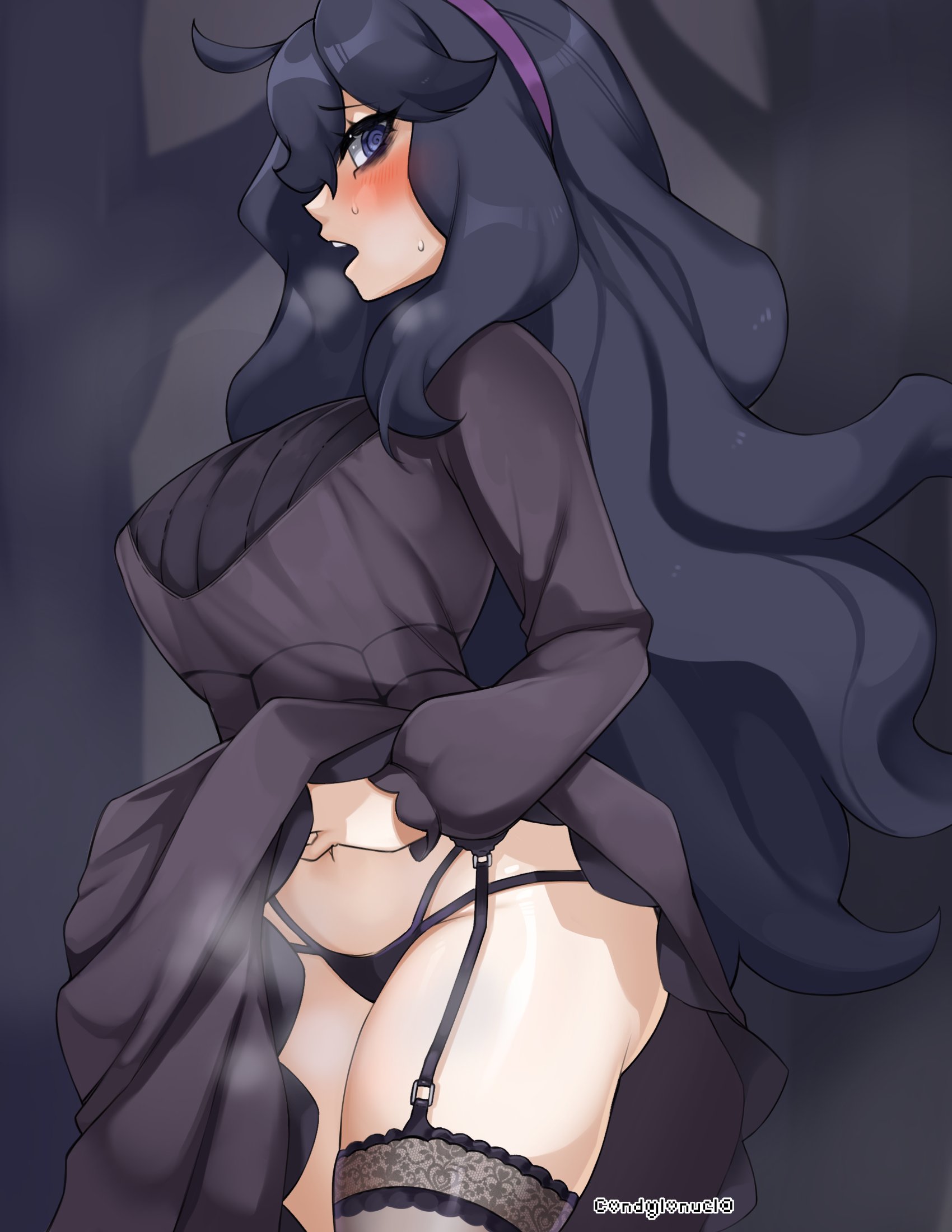 1girls, ass, blush, breasts, condylonucla, female, garter straps, hex maniac, horny, large ass, large breasts, lifting skirt, nintendo, pokemon, purple eyes, purple hair, solo