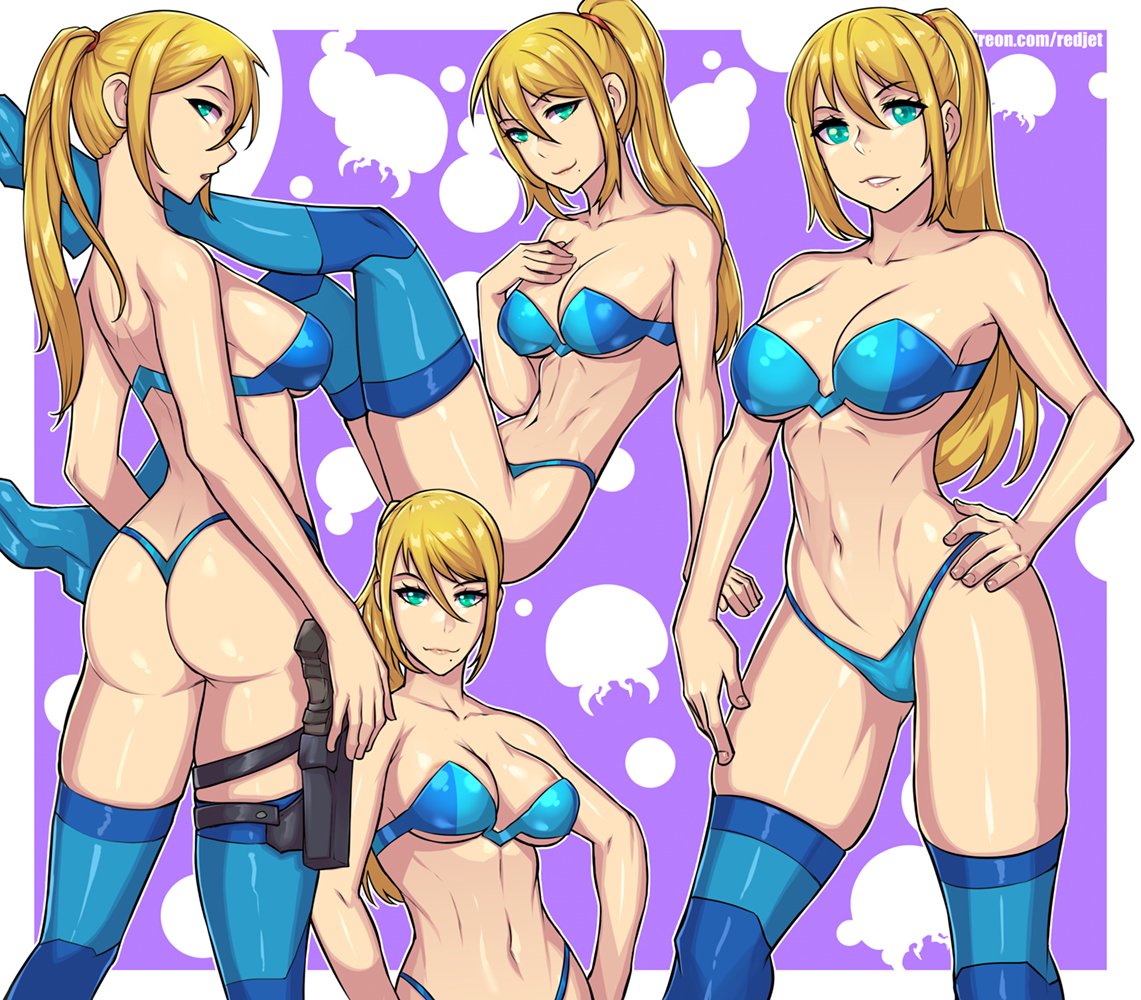1girls, ass, blonde hair, blonde-haired female, blue bra, blue lingerie, blue panties, bra, breasts, female, green eyes, gun, hand on hip, holster, large breasts, lingerie, looking at viewer, metroid, midriff, mole, mole under mouth, navel, nintendo, panties, ponytail, redjet, samus aran, thigh strap, thighhighs