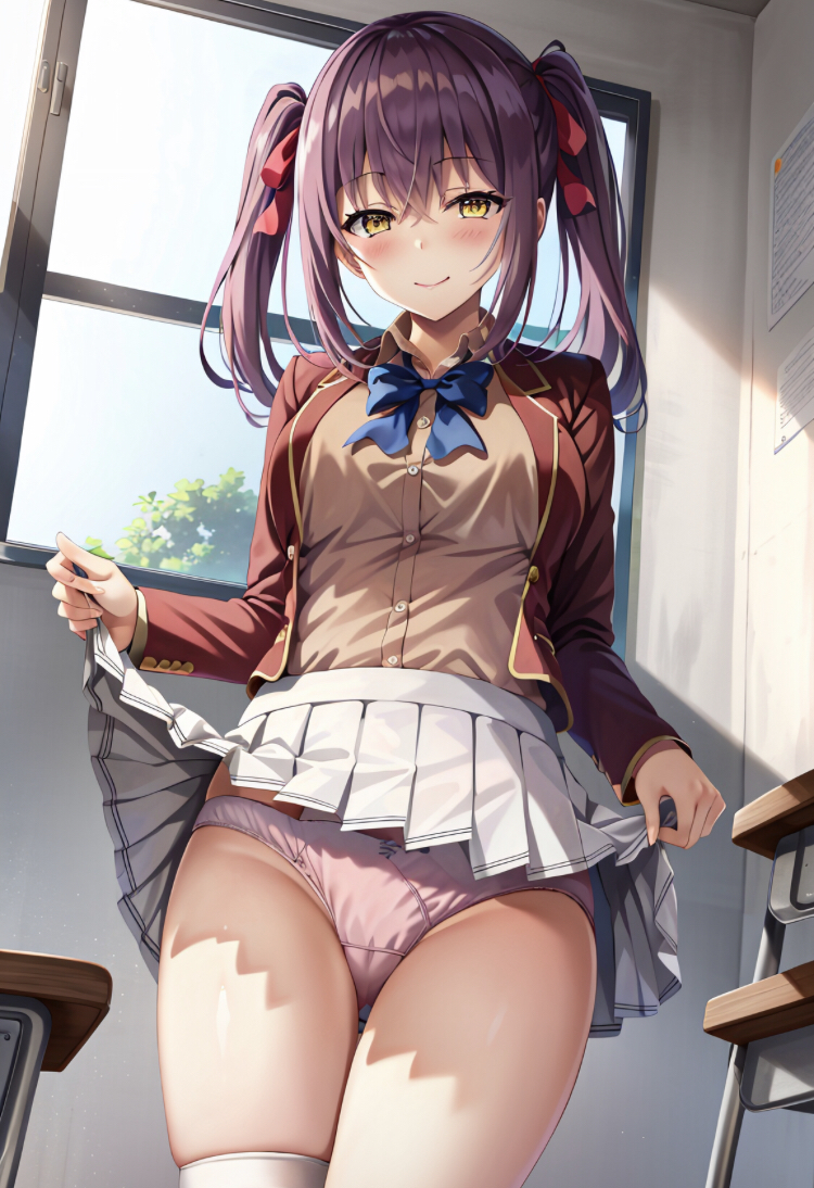 1girls ai_generated alde amasawa_ichika blue_bow blushing classroom_of_the_elite classroom_setting female hair_ribbons looking_at_viewer one_sock_on orange_shirt pigtails pink_hair pink_panties red_blazer schoolgirl showing_panties skirt_lift smiling_at_viewer solo_female solo_focus white_shirt yellow_eyes