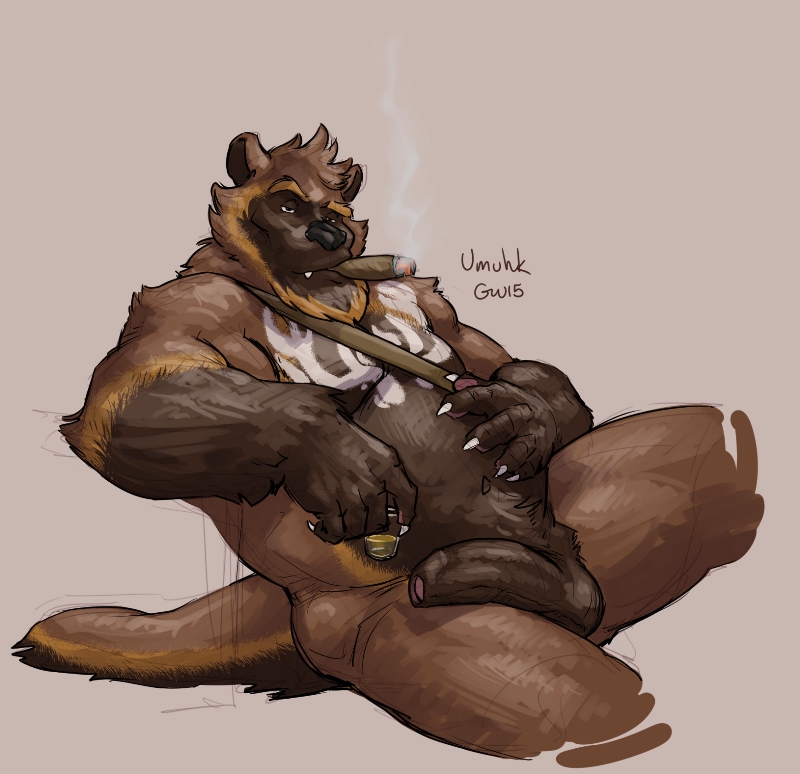 1boy alcohol anthro balls beard beverage captaingerbear cigar claws facial_hair food glass half-erect male male_only mammal markings muscular penis slightly_chubby smoke smoking solo umuhk uncut whiskey wolverine