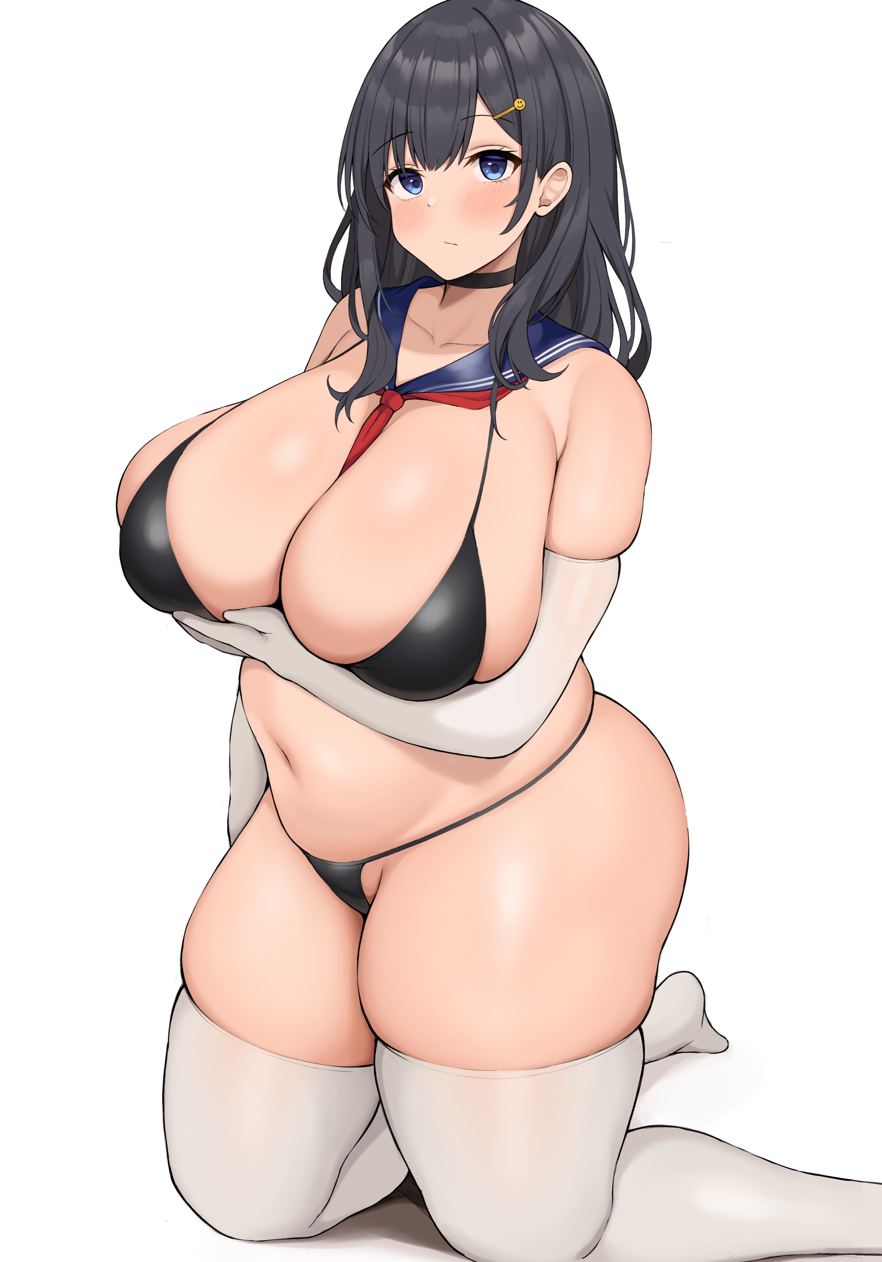 1girls, black hair, blue eyes, breasts, chubby, female, hi res, hips, huge breasts, long hair, naughty face, neneneji, original, original character, simple background, thick thighs, thighs, voluptuous, wide hips