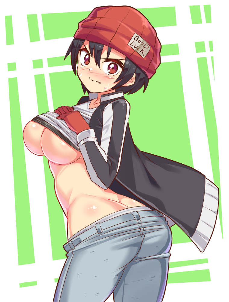 ass ass_cleavage beanie black_hair boobs breasts butt_crack cougar1404 female female_only fuuko_izumo gloves jeans looking_at_viewer red_gloves shirt_lift short_hair sweater tagme undead_unluck