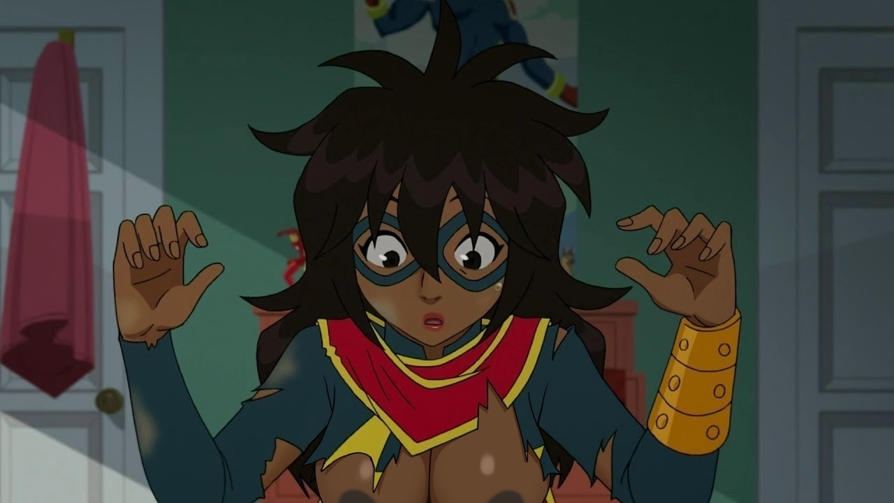 accurate art style, big breasts, breasts, brown eyes, brown hair, brown skin, dark areola, dark skin, dark-skinned female, exposed breasts, eyemask, female, kamala khan, long hair, marvel, marvel comics, messy hair, ms. marvel, muslim female, pakistani female, scarf, scarf only, screenshot, screenshot edit, superheroine, surprised, surprised expression, torn clothes