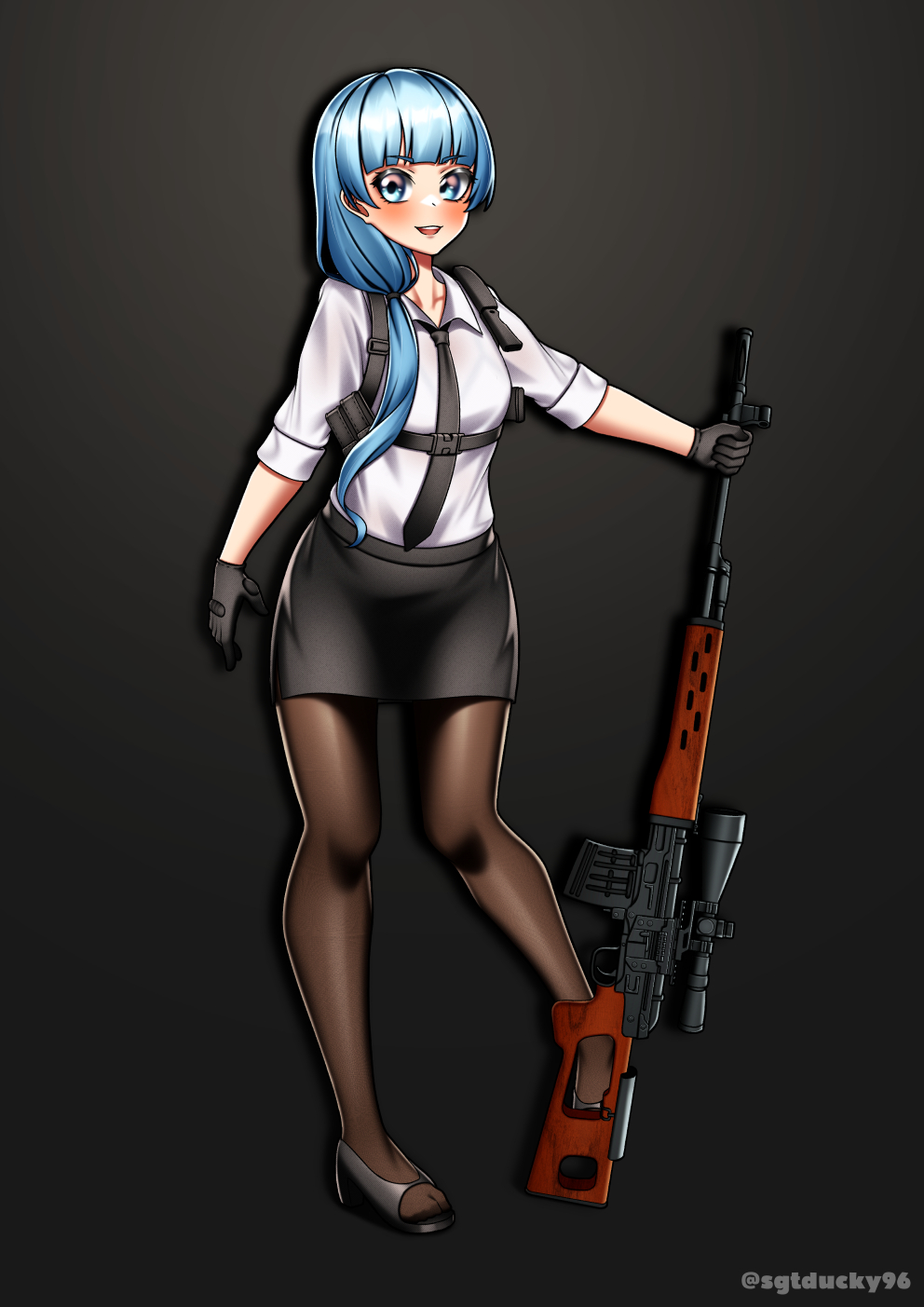 black_skirt blue_eyes blue_hair brown_pantyhose dragunov_svd female gun highres holding holding_weapon pantyhose pencil_skirt rifle sgtducky96 shirt skirt sniper_rifle weapon white_shirt