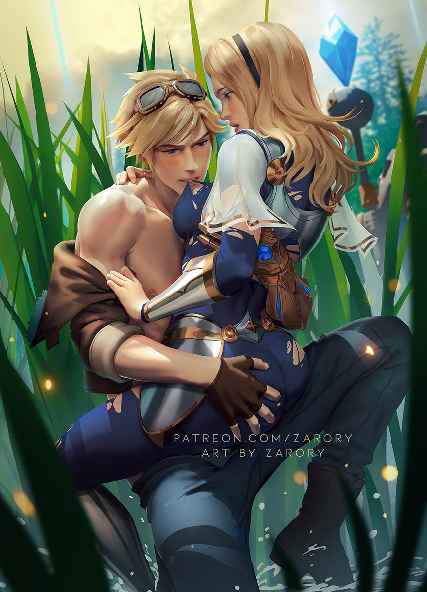 1boy, 1girls, armor, ass, ass grab, biting, blonde hair, bubble ass, bubble butt, clothed sex, clothing lift, eyewear, eyewear on head, ezreal, female, goggles, goggles on head, league of legends, luxanna crownguard, male, muscular, muscular male, outdoors, shirtless male, sitting on lap, tearing clothes, zarory