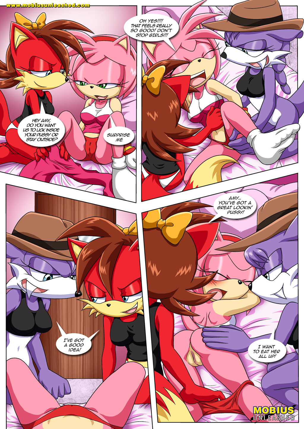 amy_rose ass bbmbbf bed bottomless clothed clothing comic female fiona_fox group mobius_unleashed nicolette_the_weasel palcomix panties pussy sonic_(series) sonic_the_hedgehog_(archie) sonic_the_hedgehog_(comics) sonic_the_hedgehog_(series) text underwear undressing yuri