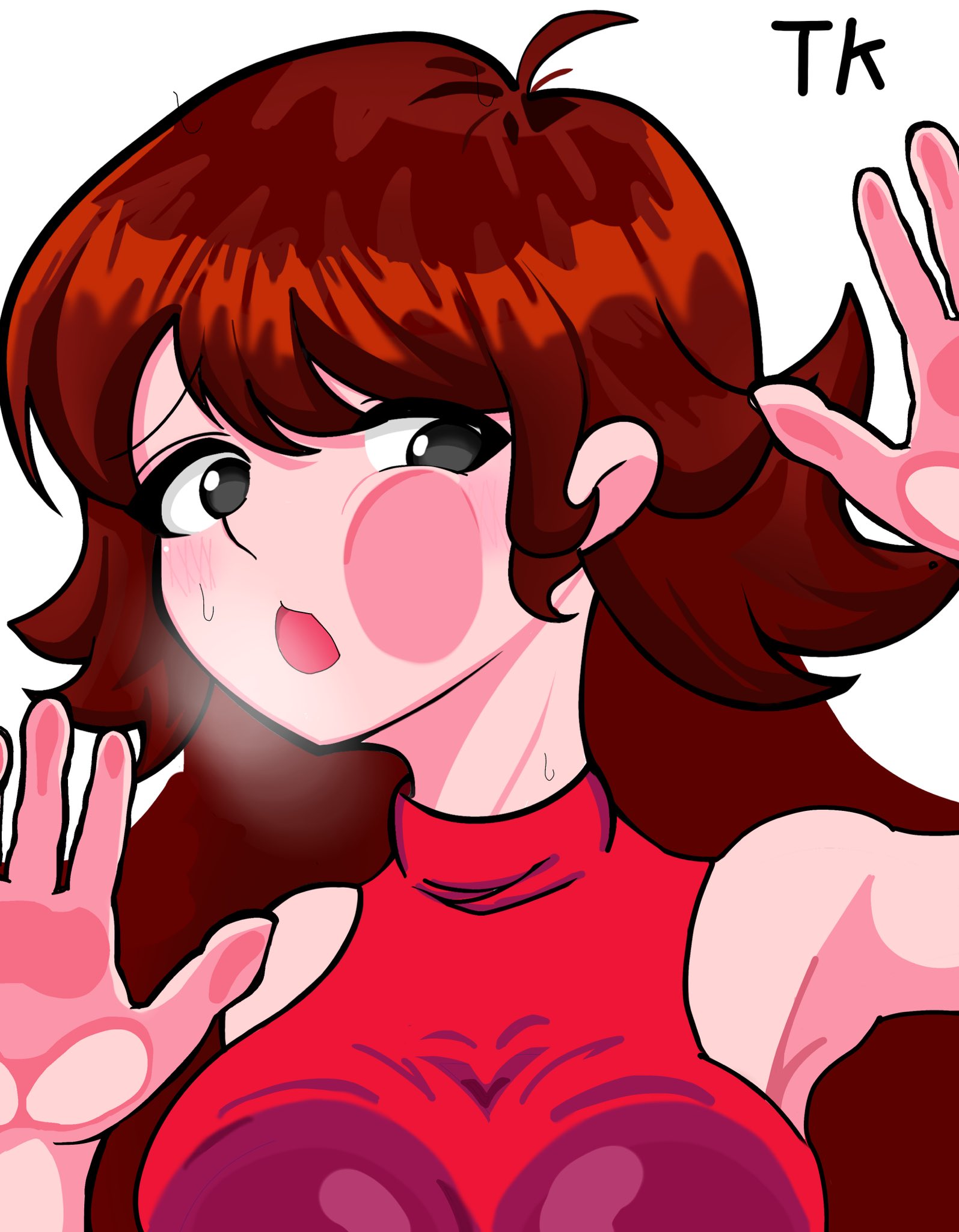 4th wall breaking, artist signature, big breasts, blush, blush lines, breasts, concerned, concerned look, female, friday night funkin, girlfriend (friday night funkin), hair, pressed against, pressed on glass, red hair, tagme