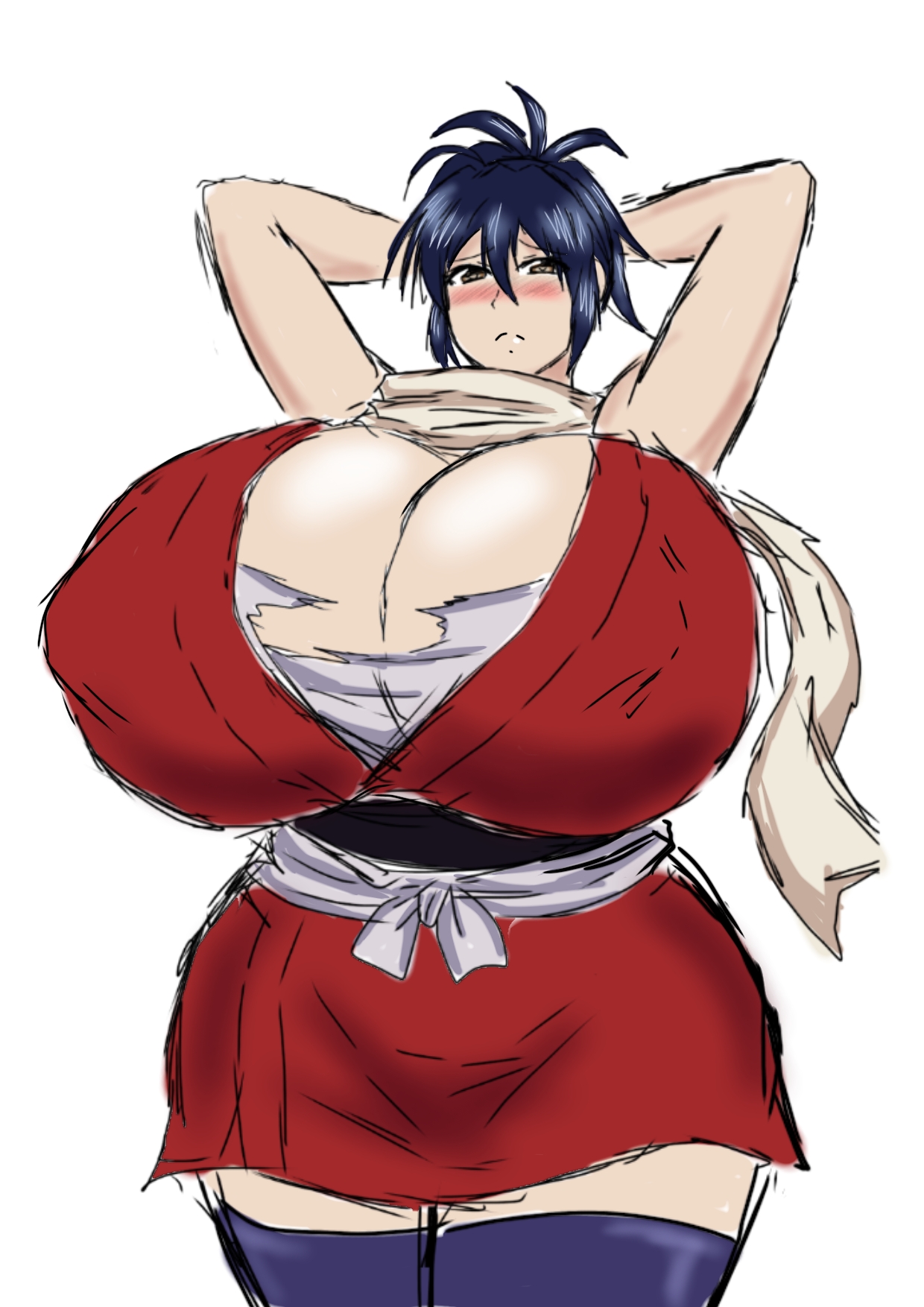 1girls, arm behind head, ashamed, big breasts, big girl, blue hair, blush, breast expansion, breast growth, breast growth (enlargement), breasts, curvaceous, dark blue hair, exposed breasts, exposed chest, female, haori, huge breasts, large breasts, manyuu chifusa, manyuu hikenchou, massive breasts, momiji (artist), nipples visible through clothing, red kimono, samurai, scarf, simple background, thick thighs, tight clothing, torn clothes, white background